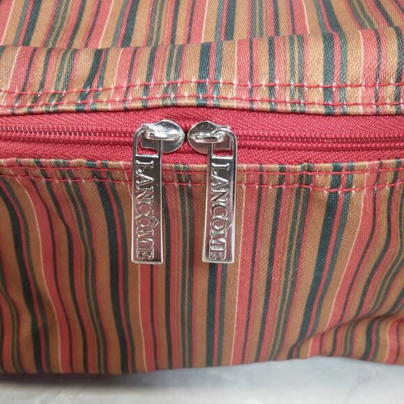 Lancôme Promo Cosmetic Bag Make Up Purse Red Striped Travel Pouch w/Handle 9x4" - Picture 3 of 9